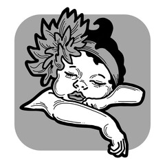New born sweet baby face emotions. Little girl with big flower on the head sleeping and smiling with flower and heart. Hand drawn character illustration. Retro comic cartoon line style drawing.