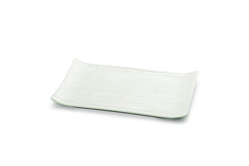 Simple white shallow rectangular porcelain serving plate, isolated