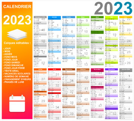 Calendrier 2023 14 mois avec vacances 2023 entièrement modifiable via calques
