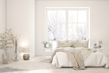White bedroom interior. Scandinavian design. 3D illustration