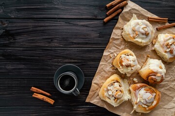 Cinnamon rolls and coffee top view