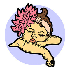New born sweet baby face emotions. Little girl with big flower on the head sleeping and smiling with flower and heart. Hand drawn character illustration. Retro comic cartoon line style drawing.