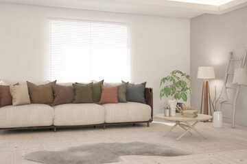 White living room with sofa. Scandinavian interior design. 3D illustration