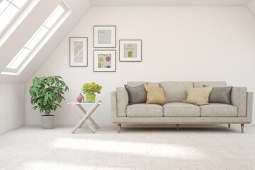 White living room with sofa. Scandinavian interior design. 3D illustration