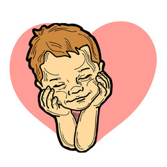 New born sweet baby face emotions. Little cute boy sleeping and smiling with heart. Hand drawn character illustration. Retro vintage comic cartoon line style drawing.