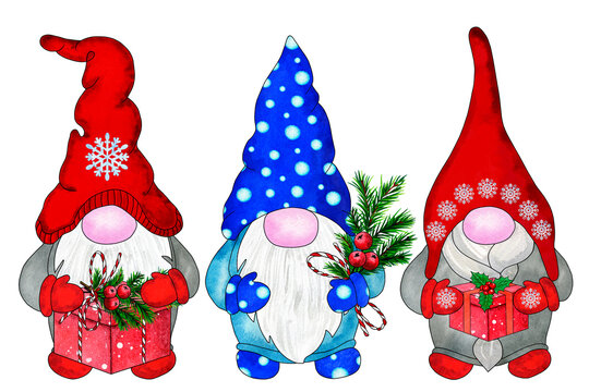 Three Christmas gnomes with gifts