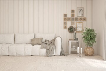 Obraz premium Modern living room in white color with sofa. Scandinavian interior design. 3D illustration