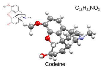 Chemical formula, skeletal formula, and 3D ball-and-stick model of opiate codeine, white background