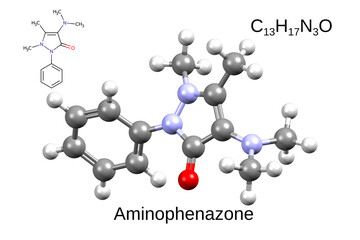 Chemical formula, skeletal formula, and 3D ball-and-stick model of the nonsteroidal anti-inflammatory drug aminophenazone, white background