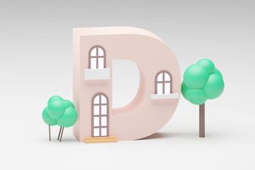 3d alphabet, letters shape made of tiny house on grey background, 3d render, letter D