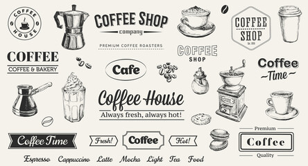 Hand Drawn Set Coffee Vector illustration. Cafe. Logo. Template.