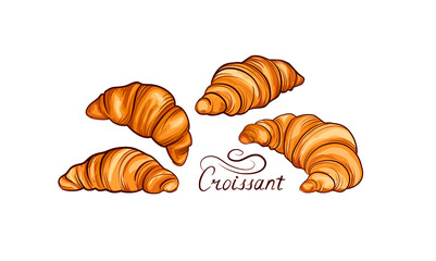 Croissant french food icon set. Bakery food hand drawing line art over white background. Cake for breakfast banner