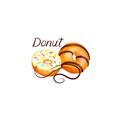 Donut icon set. Sweet pastry banner. Doughnut with white, pink and chocolate glaze and sprinkles. Bakery for party over wight background.