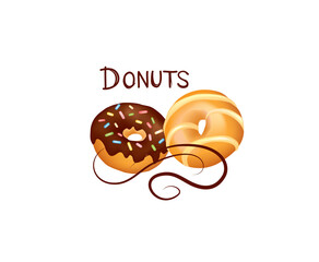 Donut icon set. Sweet pastry banner. Doughnut with white, pink and chocolate glaze and sprinkles. Bakery for party over wight background.