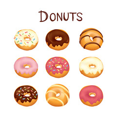 Donut icon set. Sweet pastry banner. Doughnut with white, pink and chocolate glaze and sprinkles. Bakery for party over wight background.
