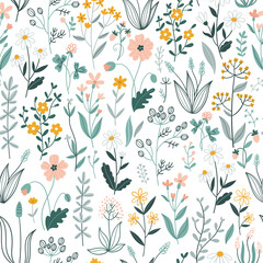 Seamless pattern with wild flowers and herbs. Simple hand drawn style.