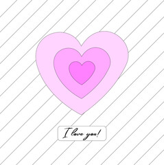 I love you three pink hearts diagonal black lines background. 