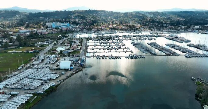 Flying over yachts, Corfu Greece