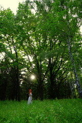 a red-haired beautiful girl in a light dress walks through the forest and looks at the sun. View from the back