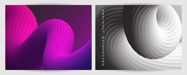 Set of futuristic abstract bright volumetric backgrounds. Body waves, cords. Creative modern background. Cover design, wallpaper, background. Vector EPS.