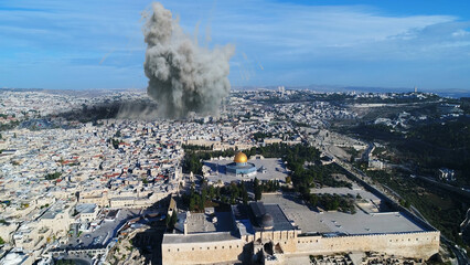 Naklejka premium 3d rendering, Large explosion over East Jeruisalem close to holly places, 3d illustration