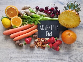Healthy foods to help arthritis pain. Assortment of fresh fruit and vegetable for arthritis and inflammatory pain. Inflammation fighting foods, concept of rheumatoid arthritis diet.