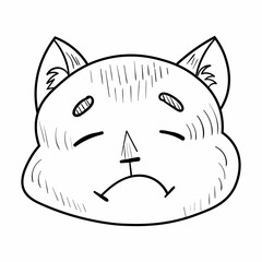 Doodle sad cat emotion head.Emoji icon. Cute fun kid vector illustration. Black line art animal on white background.