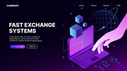 Fast Exchange Systems Website. Isometric Landing Page Template. Vector illustrationsys