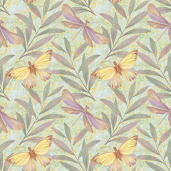 Abstract seamless background of leaves and butterflies for design, fabric, wallpaper, wrapping paper. Graceful botanical drawing. Watercolor illustration processed in a digital program.