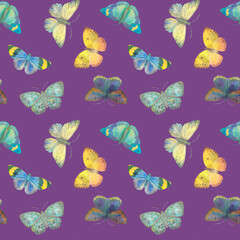 Seamless pattern Watercolor butterflies on a bright background. Botanical background of butterflies for design, wallpapers, wrapping paper, textiles.