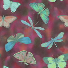 Seamless pattern Watercolor butterflies on a bright background. Botanical background of butterflies for design, wallpapers, wrapping paper, textiles.