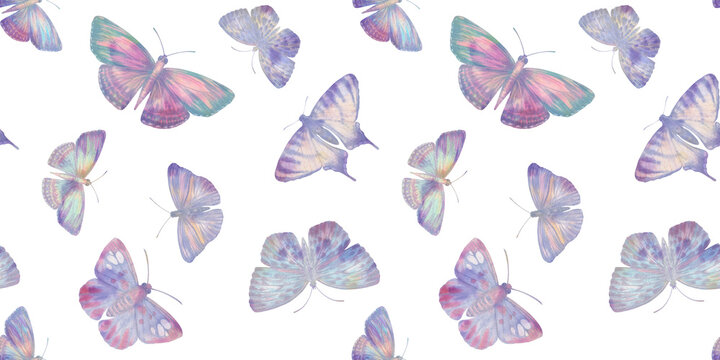 Set of delicate butterflies collected in a seamless pattern isolated on a white background.