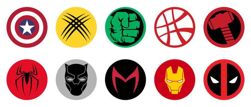 Most famous superheroes Marvel logos. Deadpool, Hulk, Spider-Man, Scarlet Witch, Captain America, Thor, Iron Man, others Editorial illustration
