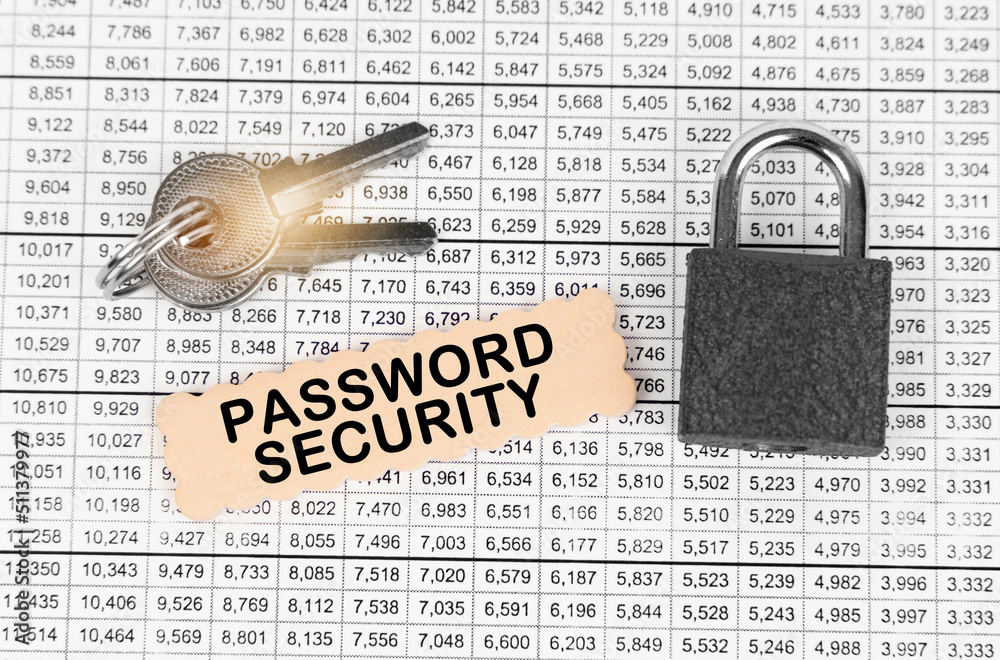 Poster against the background of a table with reports, a lock, keys and a sign with the inscription - passw