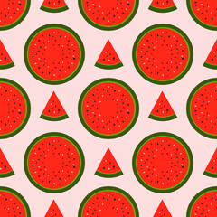 Fresh red watermelon and fruit pieces in a modern design on a pink background. Seamless stylish pattern for fashionable textiles. 