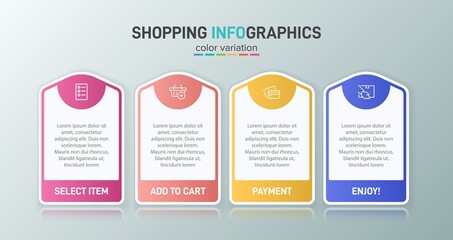 Concept of shopping process with 4 successive steps. Four colorful graphic elements. Timeline design for brochure, presentation, web site. Infographic design layout.