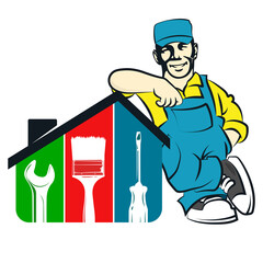 Maintenance worker in uniform and tool. Repair service and house construction. Tool for repairs under the roof of the house symbol