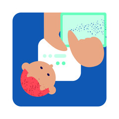 Young man using Smartphone or computer. Communicate and work in a team or alone. Simple geometric sketch vector illustration