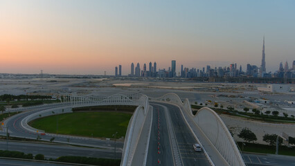Fototapeta na wymiar Dubai New Bridge with cityscape, aerial view Drone view from , Dubai,June,16,2022 