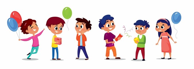 A group of happy children at a birthday party. Kids celebrate a friend's birthday, boys and girls, with colorful balloons and gifts in their hands. Vector illustration isolated on white background.