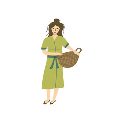 Cute girl stands and holds a wicker laundry basket in her hands. Colorful vector isolated illustration hand drawn. Cottagecore. Woman doing housework, laundry outdoors. Country life. Home routine