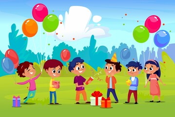 Obraz na płótnie Canvas A group of happy children at a birthday party in a park or backyard in summer. Kids celebrate a friend's birthday, boys and girls with colorful balloons in their hands, gifting presents to a friend.