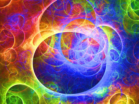 Creaci&oacute;n de arte fant&aacute;stico digital compuesto de trazos el&iacute;pticos transl&uacute;cidos en colores fluorescentes sobre fondo negro en un todo que simula ser la desintegraci&oacute;n desordenada de un sistema luminoso