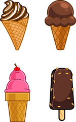 Cartoon Frozen Ice Cream Dessert. Vector Hand Drawn Collection Set Isolated On White Background