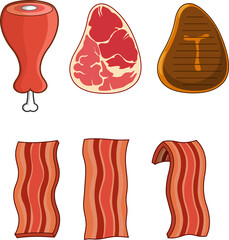 Cartoon Different Meats. Vector Hand Drawn Collection Set Isolated On White Background