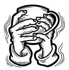 Hands holding coffee cup, Hot drink, tea or cacao for breakfast or take away. Espresso, latte, cappuccino. Hand drawn vintage style illustration. For cafe menu or postcard. Comic cartoon drawing.