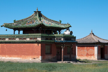Fototapeta premium Beautiful temple at Kharakhorum, Mongolia. Red walls and green roof tiles