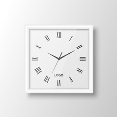 Vector 3d Realistic Square White Wall Office Clock Design Template Isolated on White. Dial with Roman Numerals. Mock-up of Wall Clock for Branding and Advertise Isolated. Clock Face Design