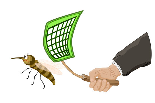 Fly and flyswatter in hand isolated on white background.Hand killing fly with swatter.Man trie to catch fly with flyswatter.Insect pest trap.Tool for destruction of insects at home.Vector illustration