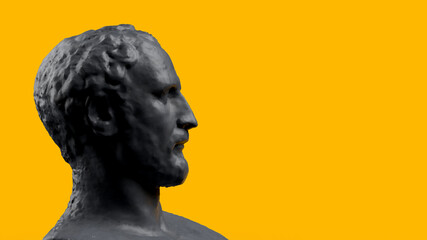 3d render black head of a man on a yellow background in profile looking to the side